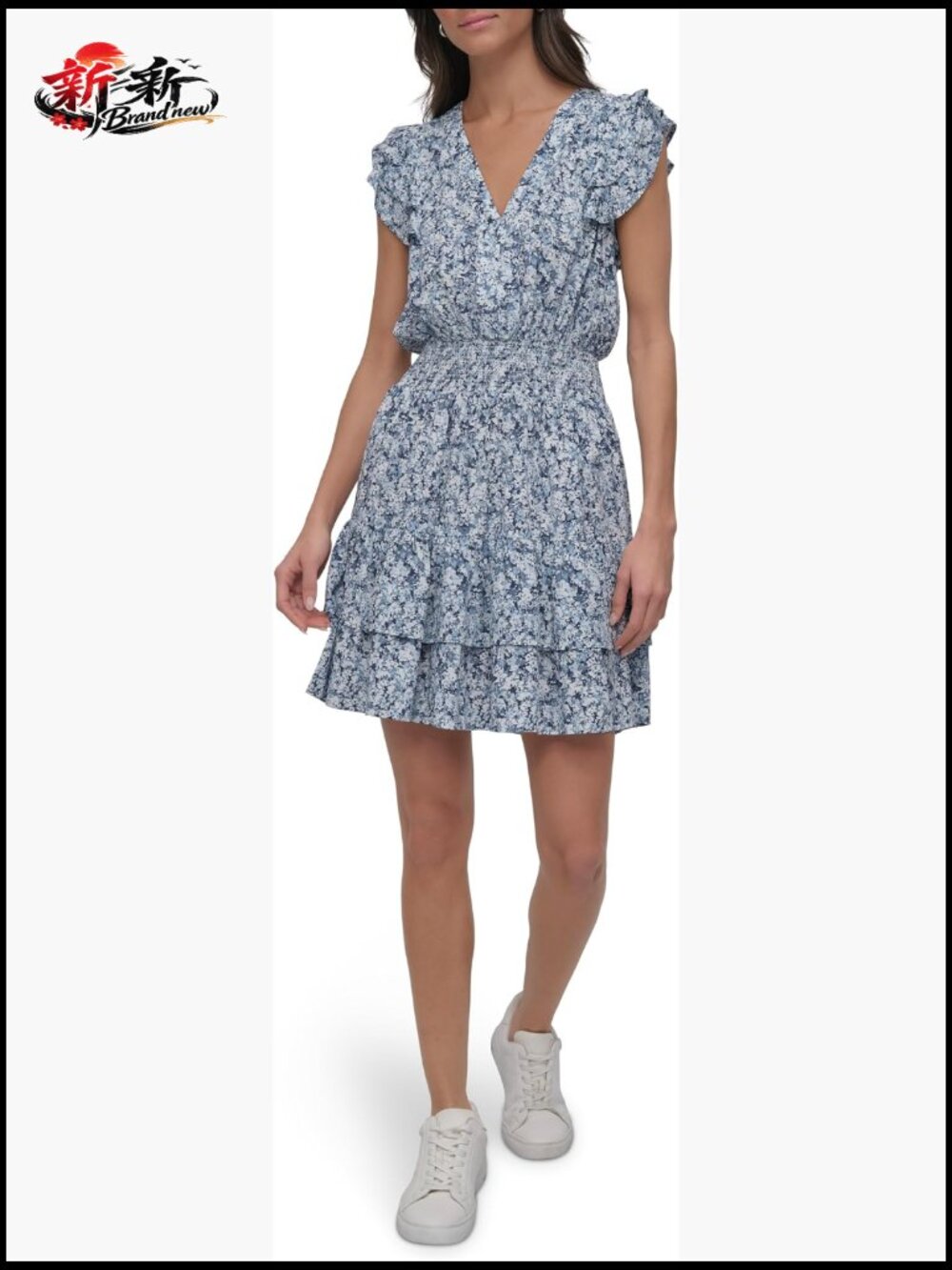 V-Neck Tiered Mini Dress with Flutter Sleeves & Smocked Waist